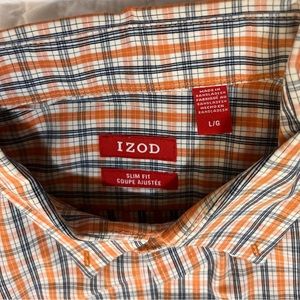 Izod Casual Slim Fit Long Sleeve Shirt size L Checker Orange/Blue/White